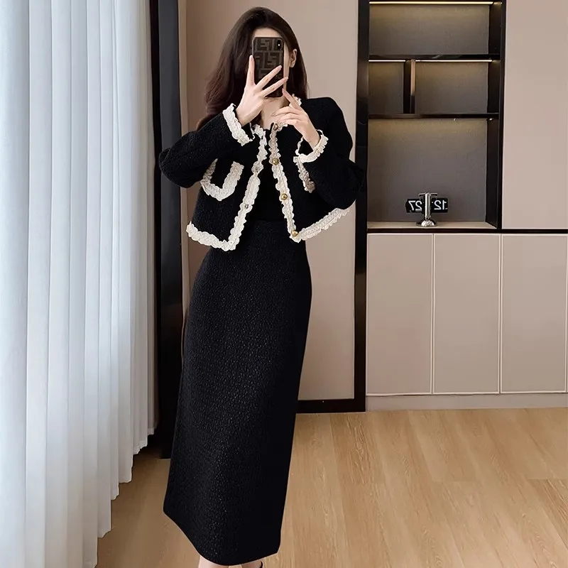 

Женский твидовый комплект из двух предметов S-XLHigh Street Fashion, Корейская куртка и искусственная кожа, французский маленький аромат, комплект из двух предметов