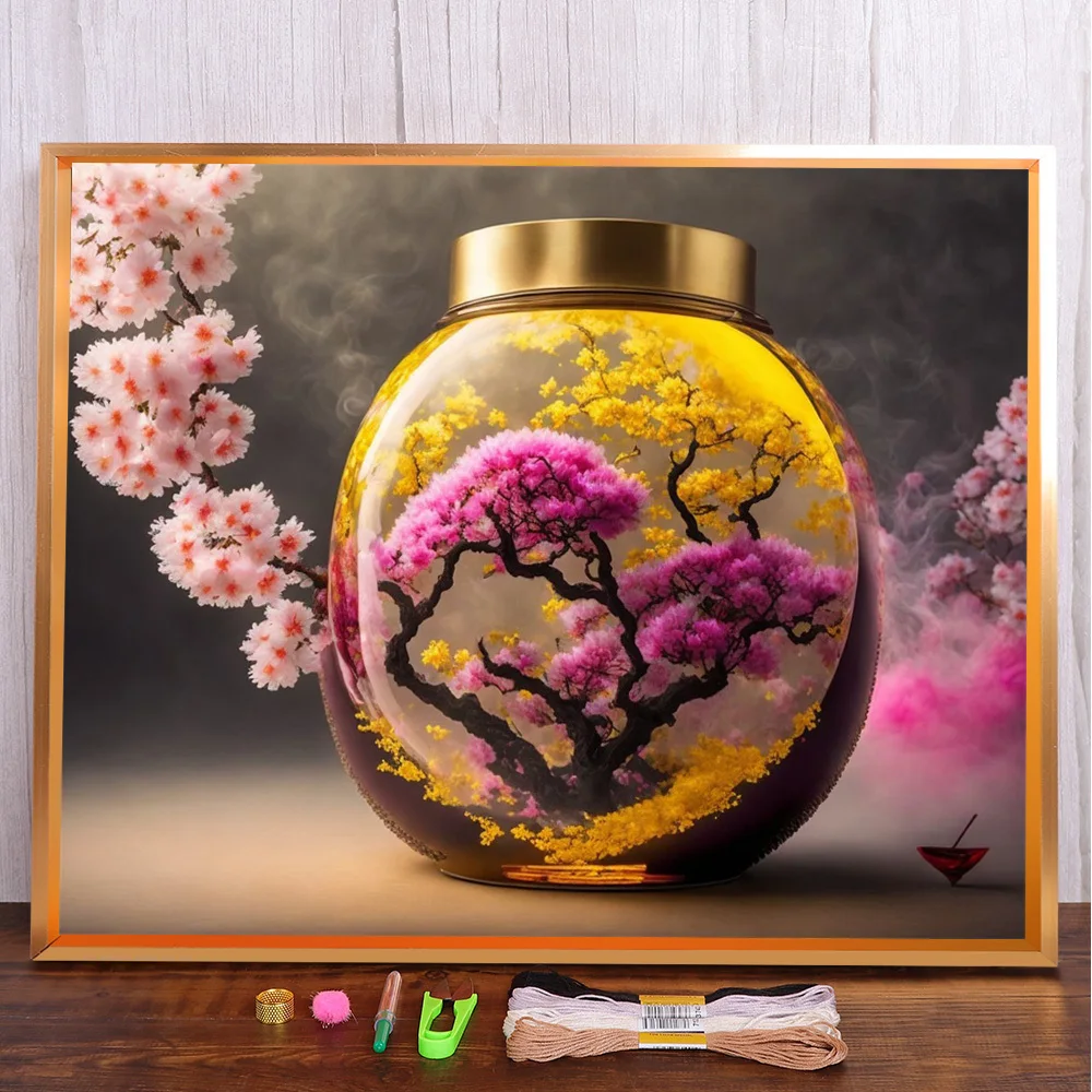 Landschaft Baum in Glas Kreuzstich DIY Stickerei Komplettset Handarbeit Nähen Stricken Handarbeit Promotionen Home Decor Design