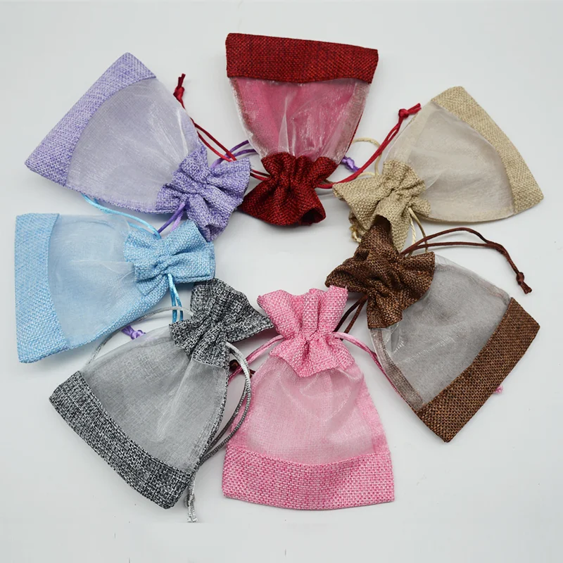 25/50/100pcs Burlap Gift Drawstring Empty Bag with Clear Organza Window Christmas Wedding Gift Party Jewellery Bag 2