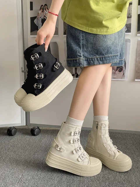 CHABELLA Women's High Top Canvas Shoe Design Buckle Strap Zip Simplicity Female Shoes 2025  High Street Grace Waling Shoes 5