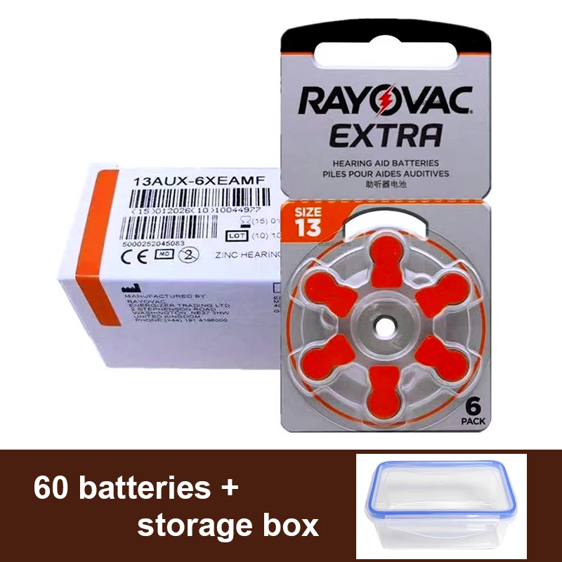 

60x Hearing Aid Batteries 13 A13 13A S13 P13 PR48 Rayovac Extra Zinc Air Battery 1.45V for BTE Hearing Aids Sound Amplifiers