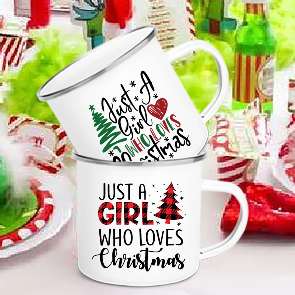 

Just a Girl Who Loves Christmas Print Coffee Mug Enamel Beer Cup Handle Hot Chocolate Milk Mugs Decoration Memorial Gift for Her