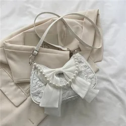 Elegant Pearl-Embellished Retro Designer Handbag with Bow - Luxury Canvas Crossbody Shoulder Bag (White)