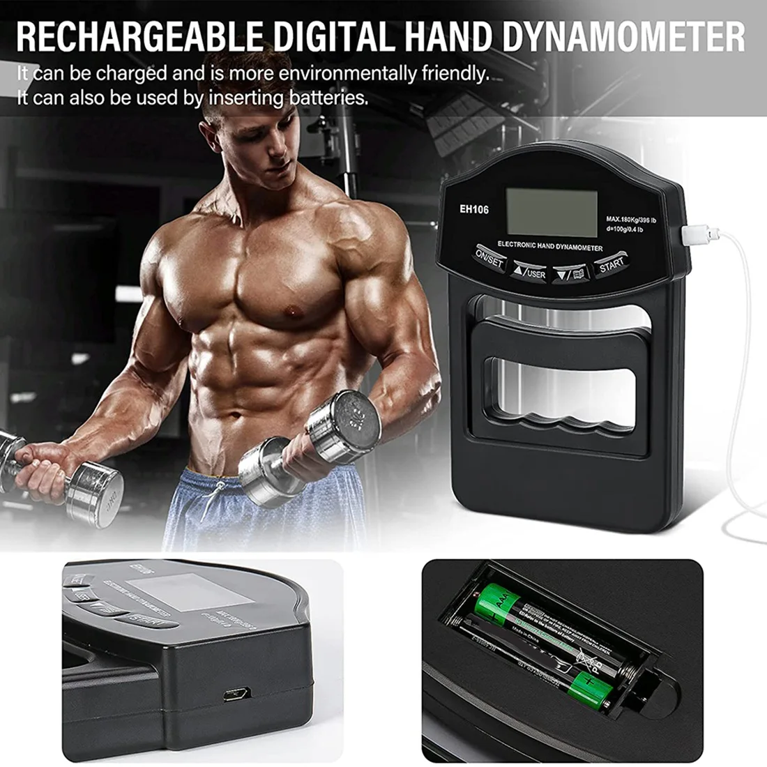 Grip Strength Tester 396Lbs/180Kg Digital Hand Dynamometer Grip Strength Meter USB LCD Screen Hand Dynamometer