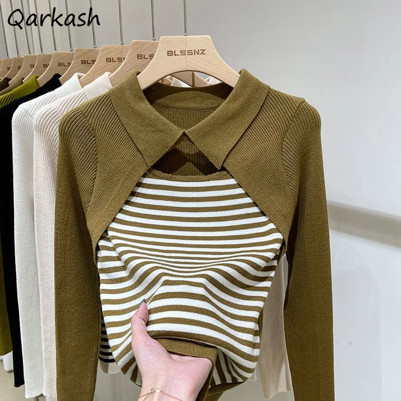

Pullovers Women Striped Students Designer Hollow Out Fashion Sweater Daily Comfortable Slim Korean Style Simple Autumn Special