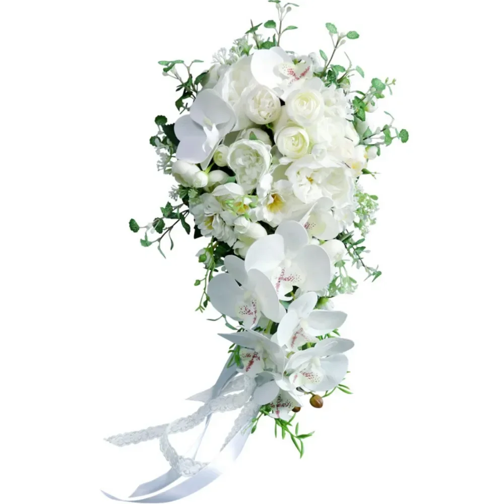 Simple White Moth Orchid Wedding Bouquets for Wedding Ceremony Silk Rose Water Drop Waterfall buqu&ecirc; de noiva para casamento