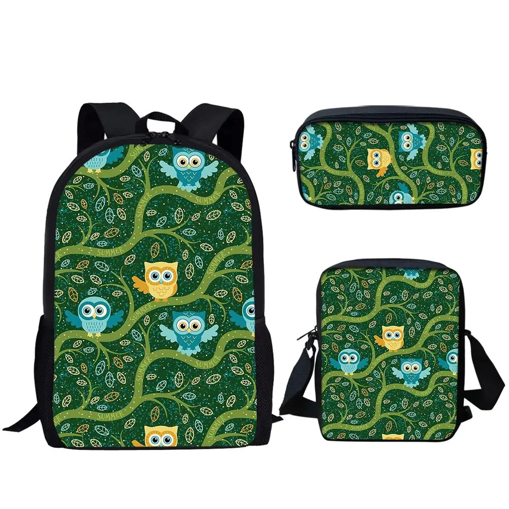 Colorful Owl Animal Pattern 3Pcs School Bag Set Girls Boys Adjustable Shoulder Strap Backpack Student Campus Daily Book Bags