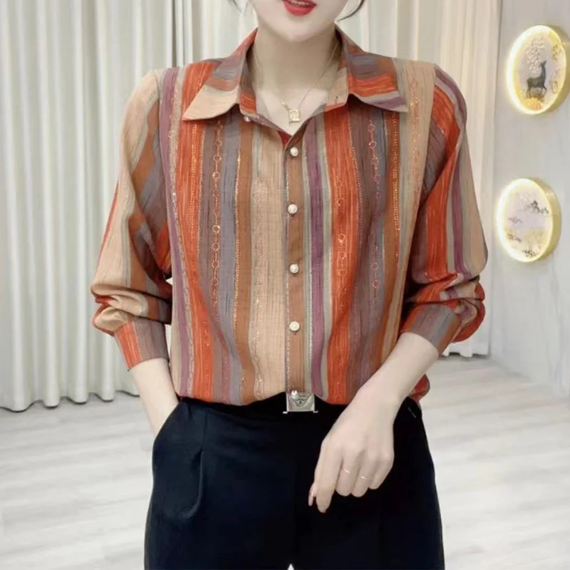 Women's Rhinestone Striped Print Elegant Button Up Shirt Spring Autumn Korean Fashion Lapel Long Sleeve Blouse Loose Ladies Tops