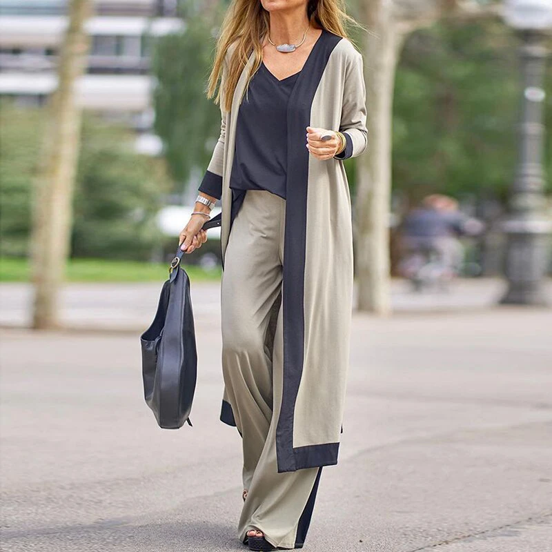 

New Women Sling Top X-Long Coat Straight Pants 3PCS Suits Loose Elastic Waist V-Neck Full Sleeve Sets Fashion Elegant Streetwear