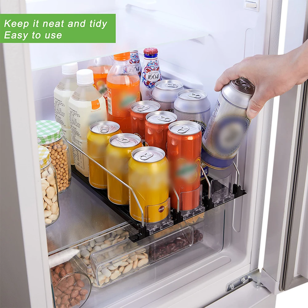 Drink Organizer Dispenser Spring Push Canned Beverage Push Rack Adjustable Width Storage Shelf E-shaped Glide for Refrigerator 4