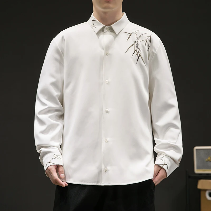 Spring Summer Chinese Traditional Dress Plus Size High Quality Bamboo Leaf Embroidery Shirt Ice Silk Long Sleeve Vintage Tops