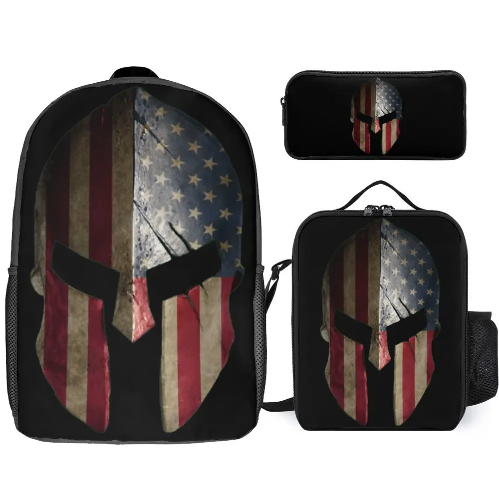 

3 in 1 Set 17 Inch Backpack Lunch Bag Pen Bag Spartan Sparta Warrior Helmet 9 Durable Infantry Pack Cosy Sports Activities Nove