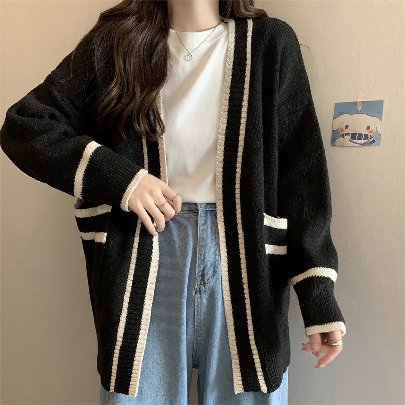 Women Striped Knitted Sweater Autumn Winter Lantern Sleeve