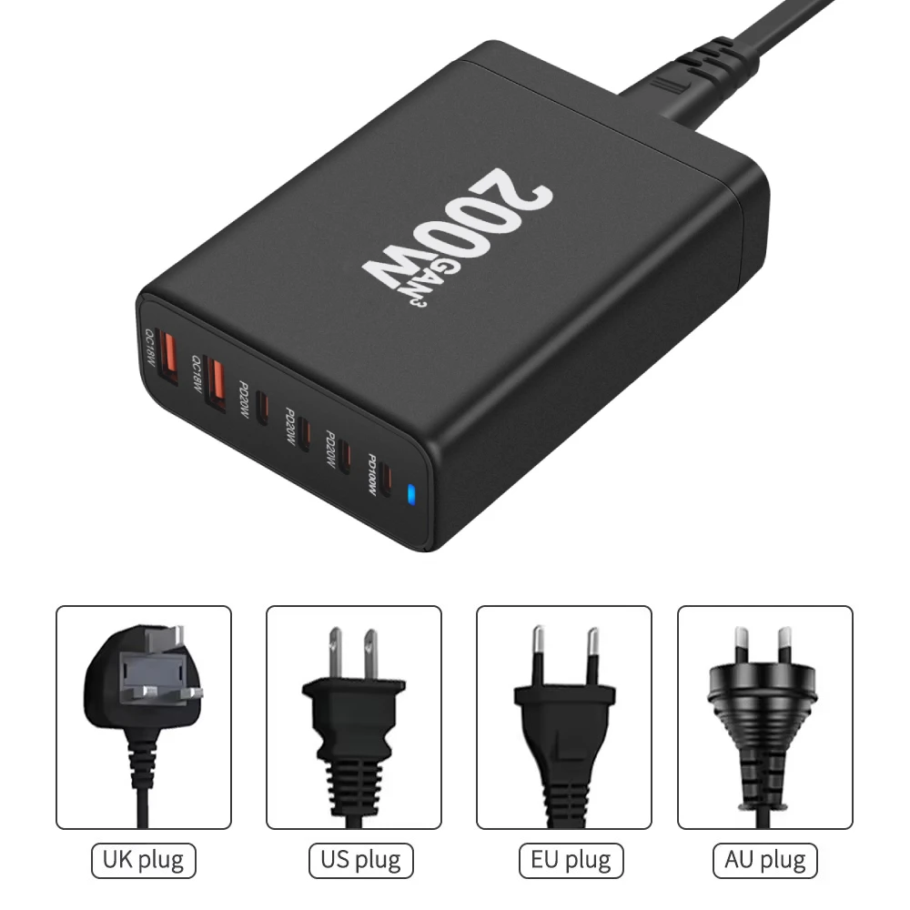 200 W USB C充電器、OTAOデスクトップ5ポートGaN液晶ディスプレイ付き充電器、PD 3.0 100 W/QC 3.022.5 W/PPS 45 W MacBook Pro/Air、iPad、iPhone、Samsun