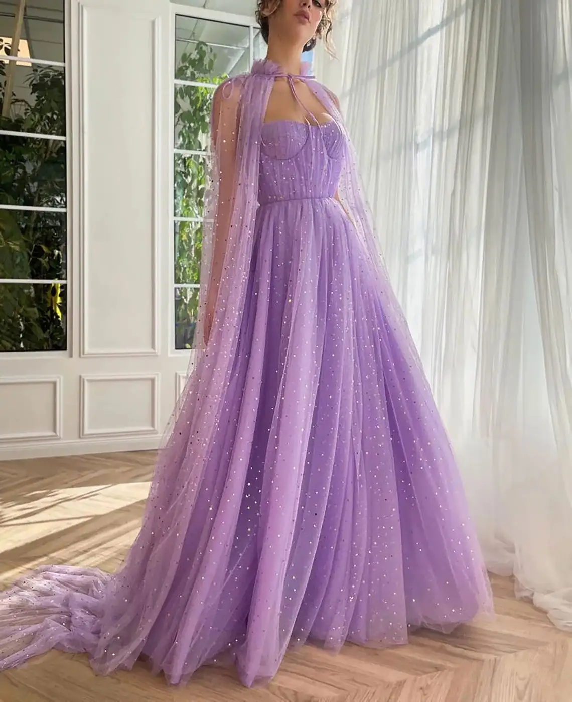 

Lilac Prom Dresses 2023 Sequined Long with Cape Strapless Sweetheart A Line Evening Formal Party Gowns Special Occasion Dress