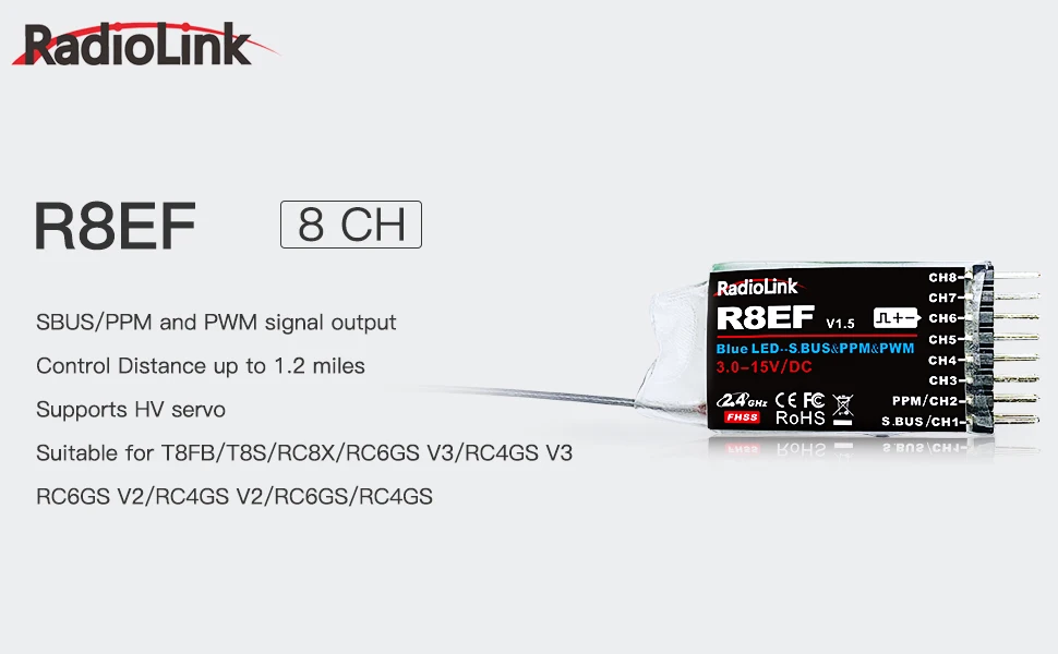 Détail des ports PWM et PPM sur le récepteur Radiolink R8EF 8 canaux.