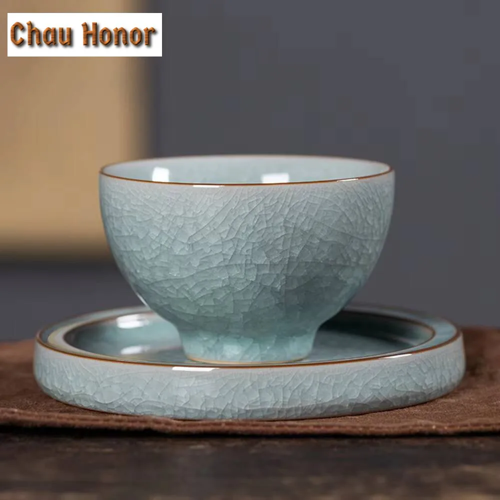Handmade Longquan Celadon Teacup Elegant Ice Flower Ceramic Master Cup with Holder Set Personal Tea Bowl Jianzhan Teaware Gifts