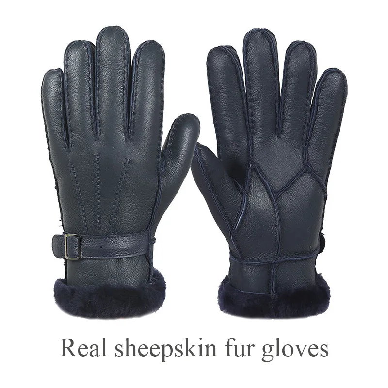 Real Sheepskin Fur Gloves for Men Genuine Leather Winter Mitten