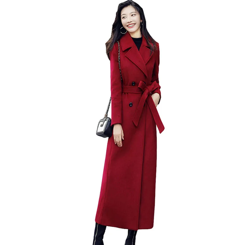 

Nice Popular Women Autumn Winter New Wine Red Woolen Trench Coat Mid-length Female Slim Elegant All-match Loose Wool Coats F227