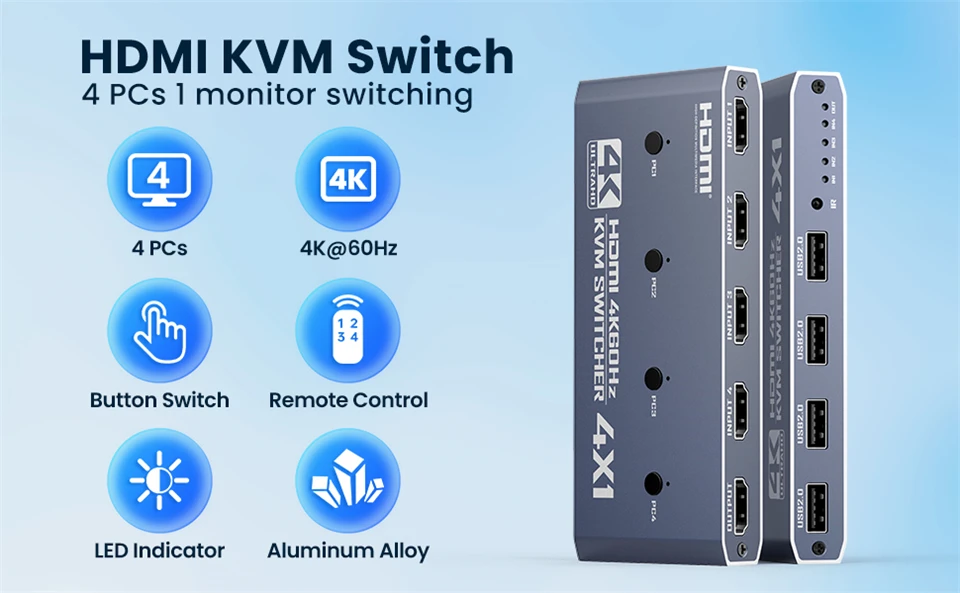 2K 120Hz 4X1 HDMI KVM Switcher 4 Port 4K USB HDMI KVM 4 PC Switch 144Hz Docking