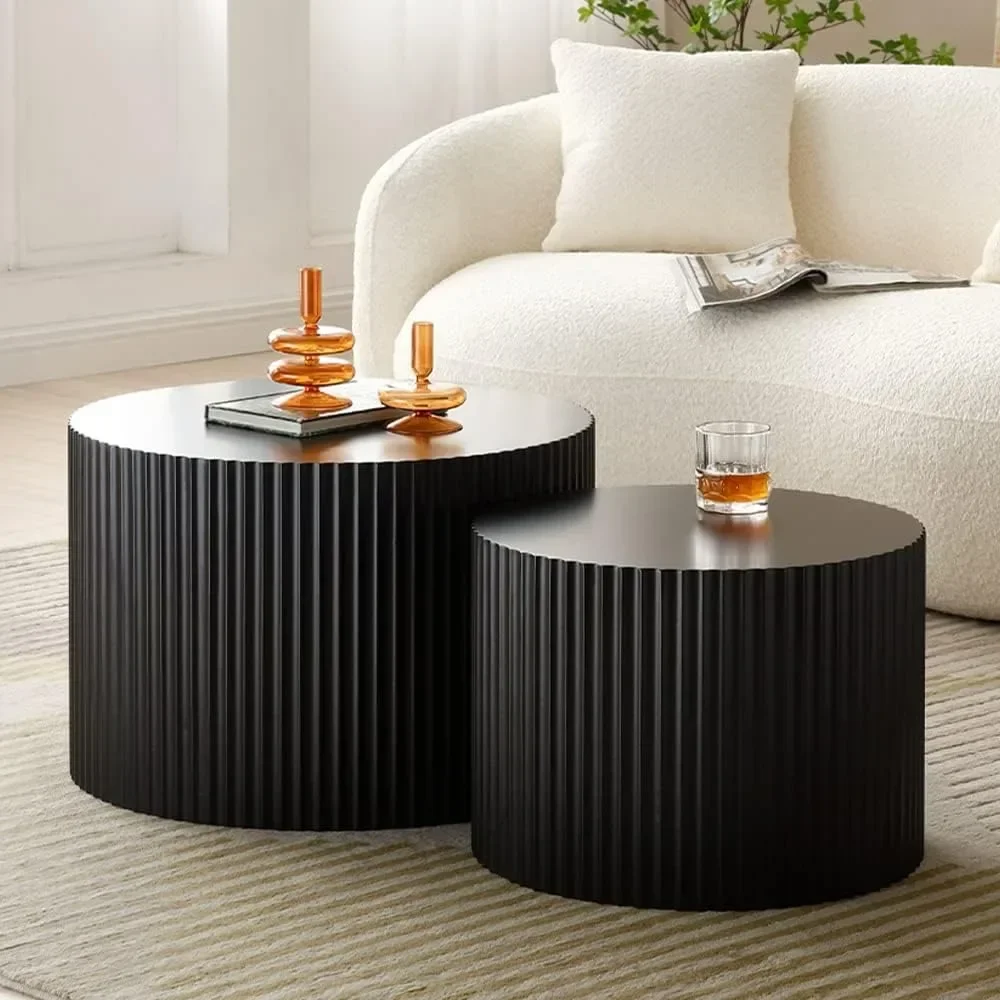 Black Round Coffee Table Set of 2,Nesting Coffee Tables for Living Room,Modern Wooden Side Tables for Apartment,No Need Assembly