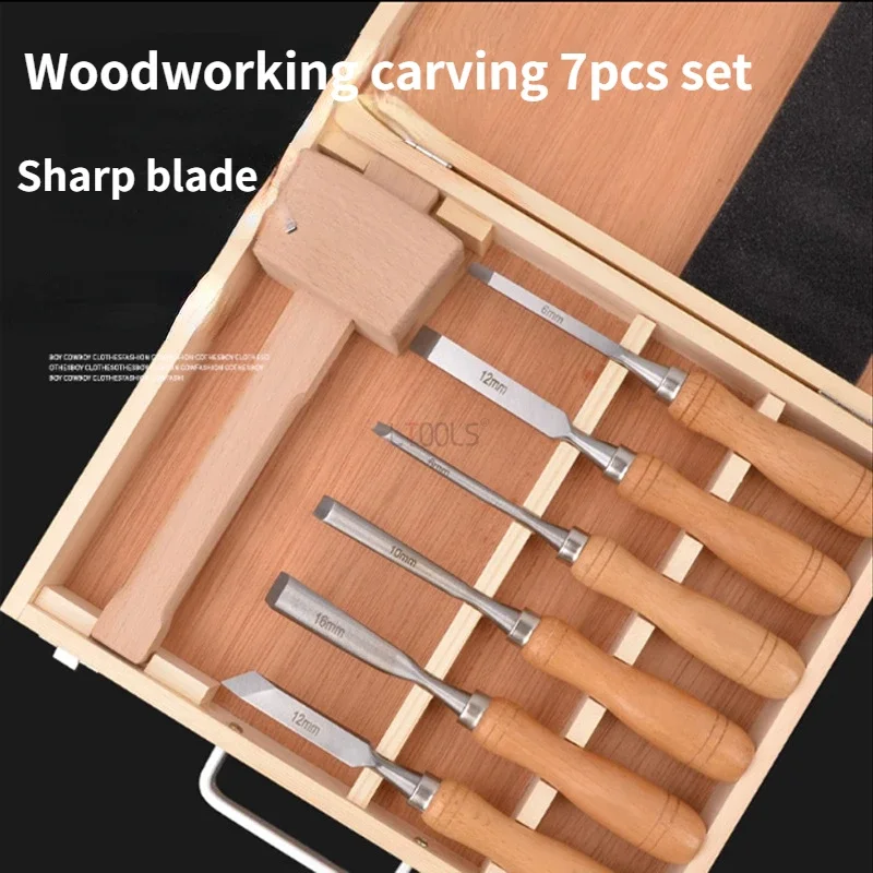 Woodworking Carving Set 6Pcs Sharp Steel Chisel+1pc Solid Wood Hammer Woodworking Turning Tool Set Carving Knife Carving Tool