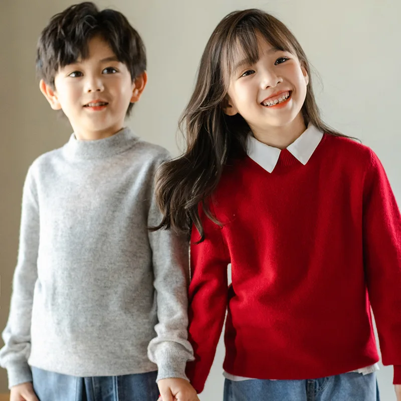 남아 여아 100% 메리노 울 스웨터 어린이 가을 겨울 일류 레디 투 웨어 크루넥 긴팔 무봉제 스웨터