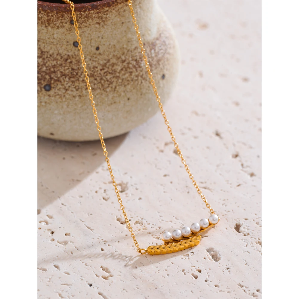Yhpup 18K Golden Plated Pearls Leaf Shape Pendant Korean Necklace