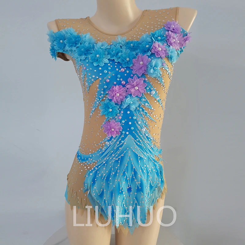 LIUHUO Eiskunstlaufkleid Mit Langen Ärmeln – Netz-Rock Für Mädchen, Wettkampf & Performance, Blau