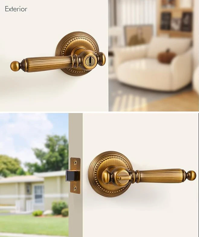 Clé en bronze antique jaune, poignée de porte d'entrée avec serrure, serrure et clé de porte extérieure, poignée de porte rétro de chambre à coucher, alliage de zinc