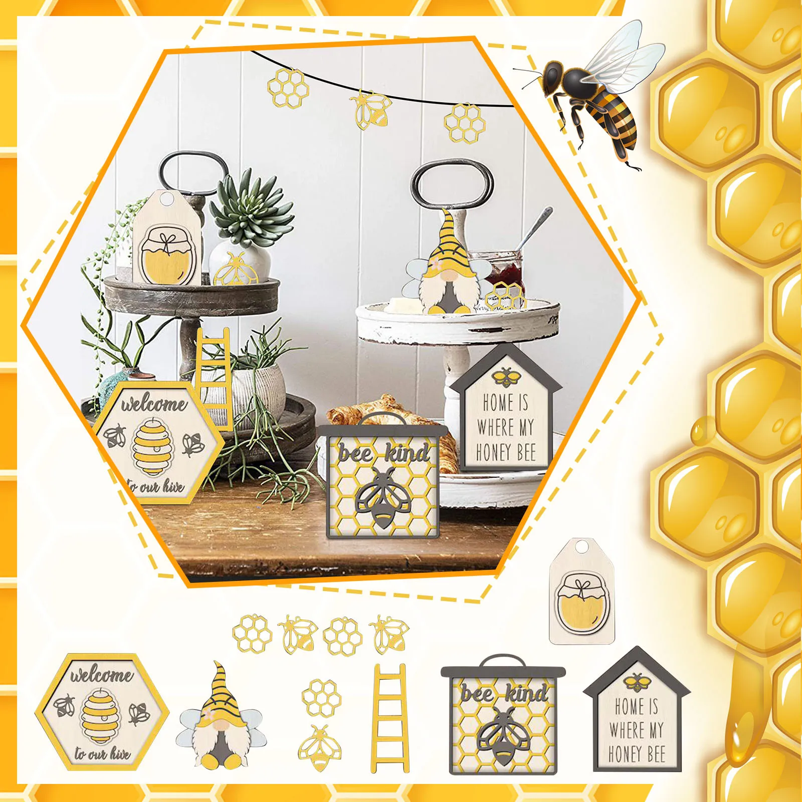 7 Pieces Bee Decor for Home Tiered Tray Decor Honey Bumble Decor Bee Wood Signs for Farmhouse Decoration (warm Bee Styles), Size: 15, Other