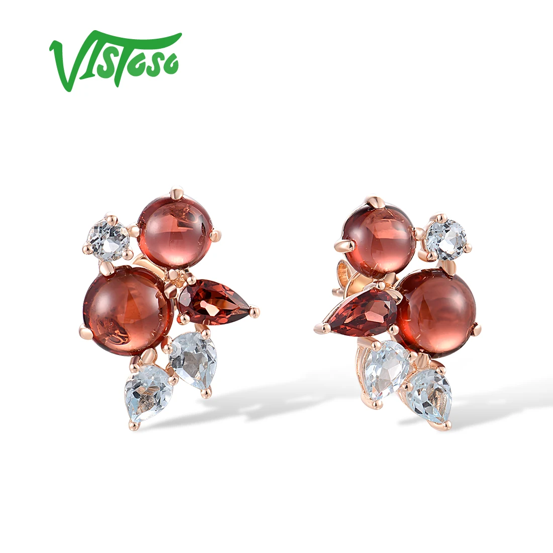 VISTOSO Real 14K 585 Rose Gold Stud Earrings For Women Sparkling Genuine Garnet Blue Topaz Bubbles Fashion Fine Lovely Jewelry