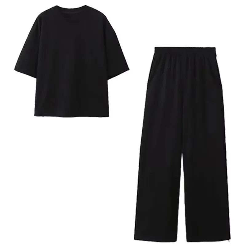 HH Women Fashion Basics Solid shirt Pant Sets Short Sleeve O Neck T-Shirts Elastic Waist Side Hem Zipper Trousers Suit