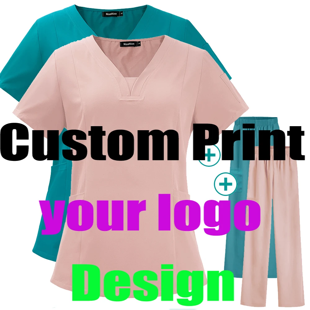 

Custom Print Logo Women Beauty Salon Working Overalls Clothes Scrubs Uniform Suits Nursing Outfit Sets Spa Medical Female