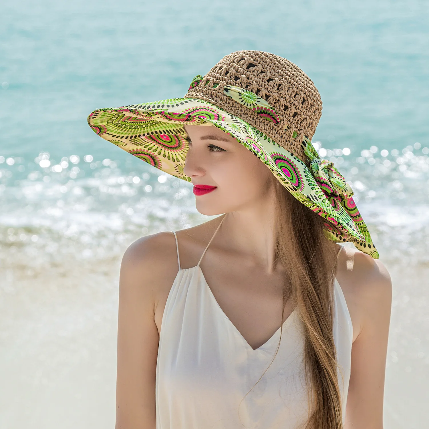 Frauen Frühling Sommer breite Krempe Falt strohhut für Strand urlaub Dame böhmischen Stil Blume Sonnenschutz kappe mit Fliege neu – Detail 9