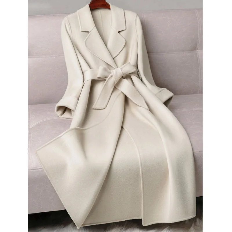 

Женское двухстороннее пальто из 100% шерсти, однотонное длинное приталенное бежевое Элегантное зимнее пальто в Корейском стиле