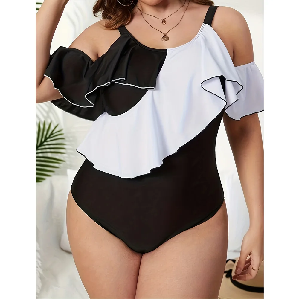 

Plus Size Vintage Print Women's Swimsuit One Piece Ruffle Swimwear 2024 Women Sexy High Cut Monokini Bathing Suits Surf