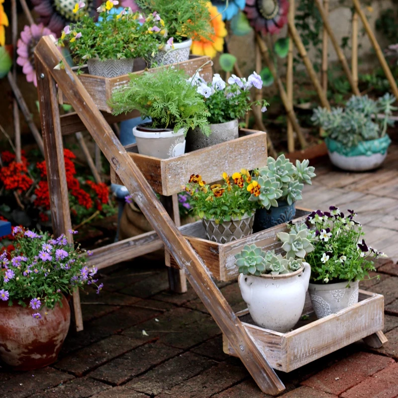 Wooden Multi-Tier Plant Stand for Outdoor Floor Standing Flower Shelf for Living Room Balcony Decor Succulent Plant Display Rack