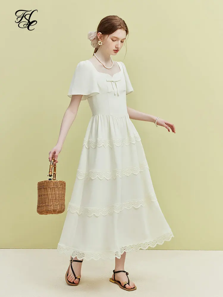 FSLE Office Lady Beige Elegant Long Cake Dress Square Neck Flying Sleeves A-LINE Solid Dresses Summer Lace Design Dress