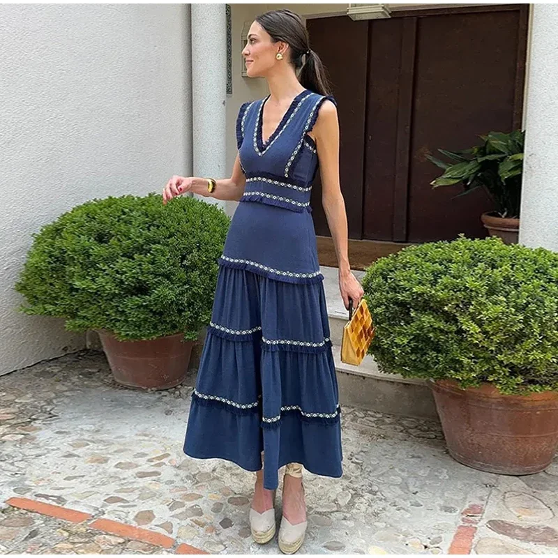 Chic Elegant Tassel Spliced Print Ruffles Long Dress Women Fashion V Neck Sleeveless A-line Robe Chic Lady Holiday Robe