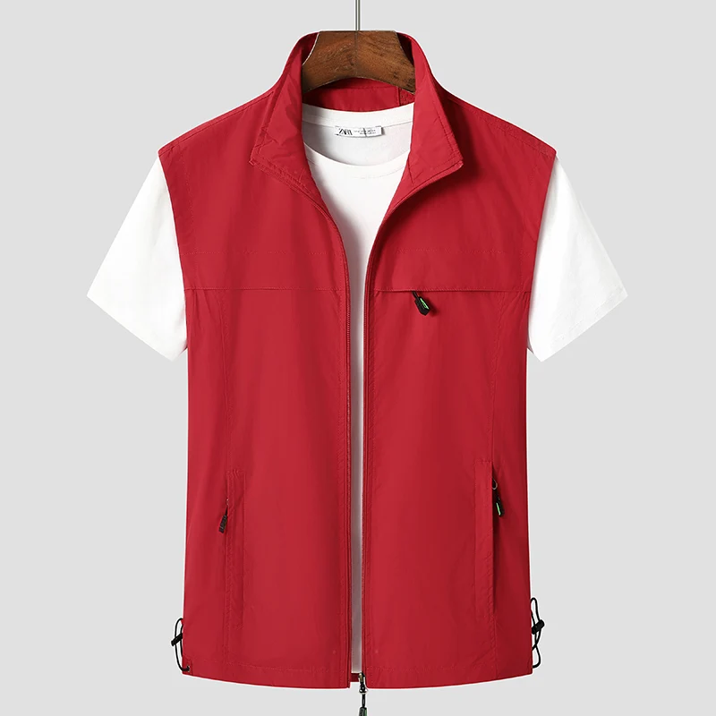 2024 미니멀리스트 트렌디 남성 단색 라펠 숄더, 야외 레저, 느슨한 포켓 작업 조끼, 민소매 재킷, 여름 신상