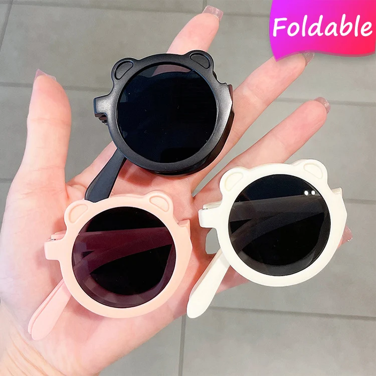 

New Style Foldable Bear Shape Sunglasses Boys Girls Lovely Cartoon Round Sun Glasses Kids Vintage UV400 Candy Color Eyewear