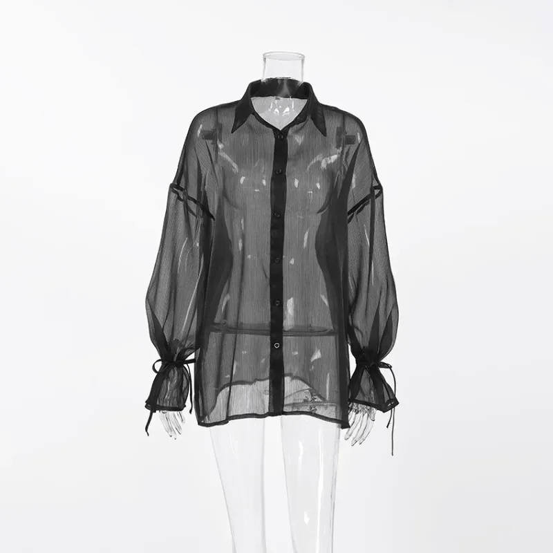 New Spring and Summer Fashion Semi-transparent Black Women's Turn Down Collar Cardigan Shirt Loose Flared Sleeves Lace-up Blouse