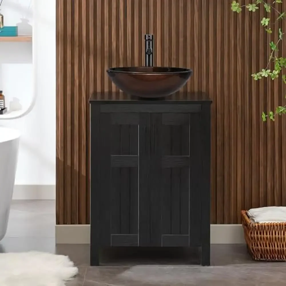 Black Bathroom Vanity 24" with Vessel Sink Combo Modern Cabinet Grooved Doors Metal Handles Stylish Weatherproof Scratch 3