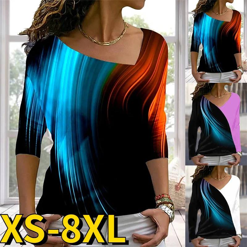 

2022 New Splice Print Top Fashion Casual Tee Women Retro Elegant Long Sleeve Autumn Winter Women V-Neck Oversized Pullover Tee