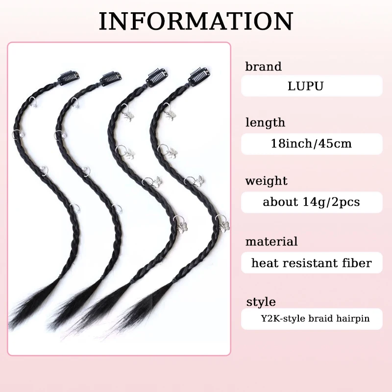 LUPU 2pcs Braided Hair Extensions Wig with BB Clip 18inch Synthetic Clip-on Hair piece with Accessories False Hair for Women Use