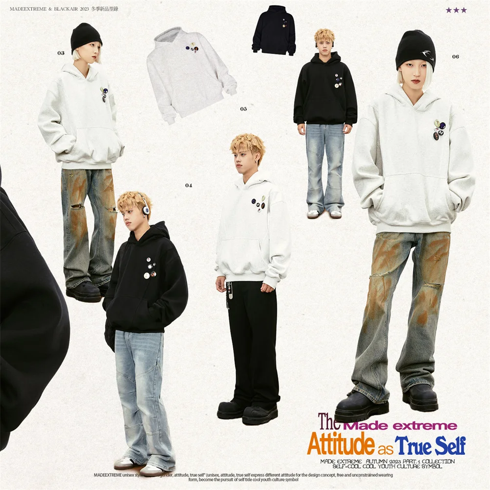 

2024 Spring and Autumn Fashion Street Advanced Atmosphere Feeling Chest Badge Small Vibe Hooded Casual Plush Sweater for Men