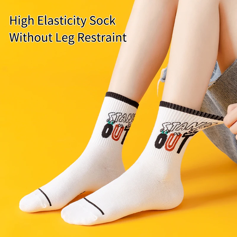 6 Pairs of Women's Spring and Autumn Letter Slogans Fashionable and Versatile College Style Summer Breathable Mid Length Socks 3