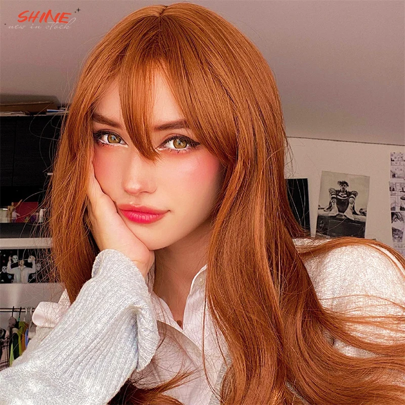 Long Water Wave None-Lace Ginger Orange High Temperature Wigs for Women Afro Cosplay Party Daily Synthetic Hair Wigs with Bangs