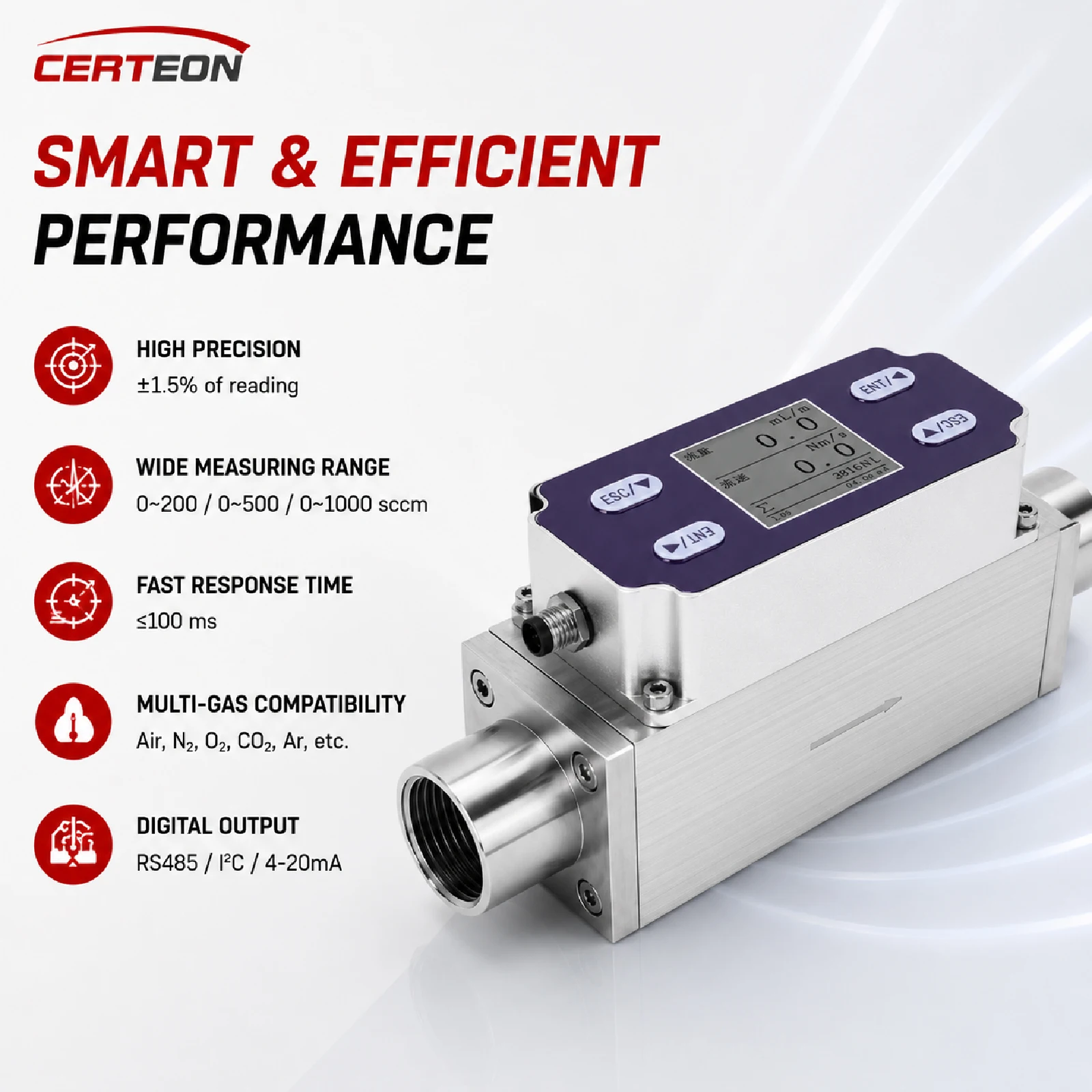 MEMS Gas Flow Meter RS485 Thermal Mass Flow Sensor Air Oxygen CO2 Methane Argon DC24V for PV Kiln Energy